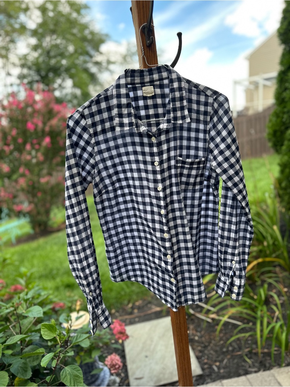 J.Crew Navy White Gingham Button Front Shirt Blouse Size M